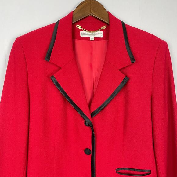 Preston & York | Vintage Red 100% Wool Black Trimmed Button Career Blazer - Picture 3 of 11